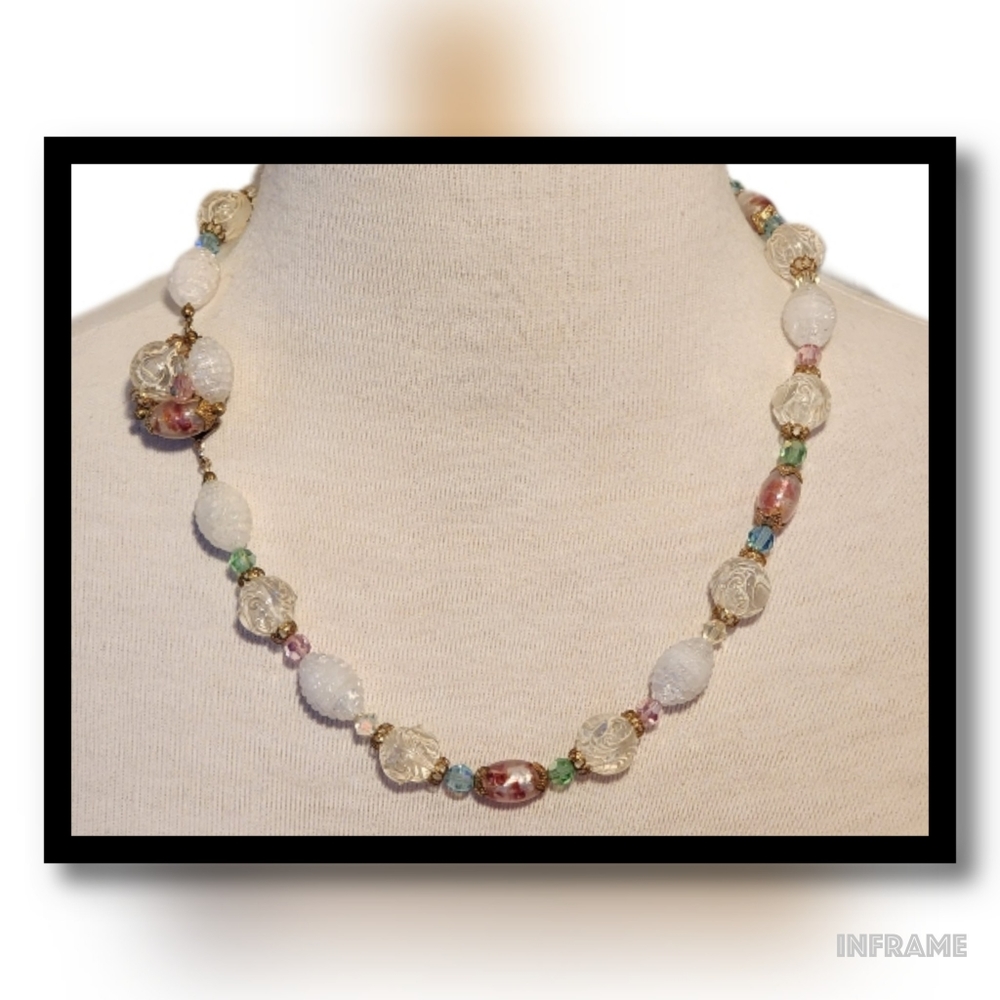 Art Glass Beaded Fairy Collar Vintage Statement Necklace with Ornamental Hook